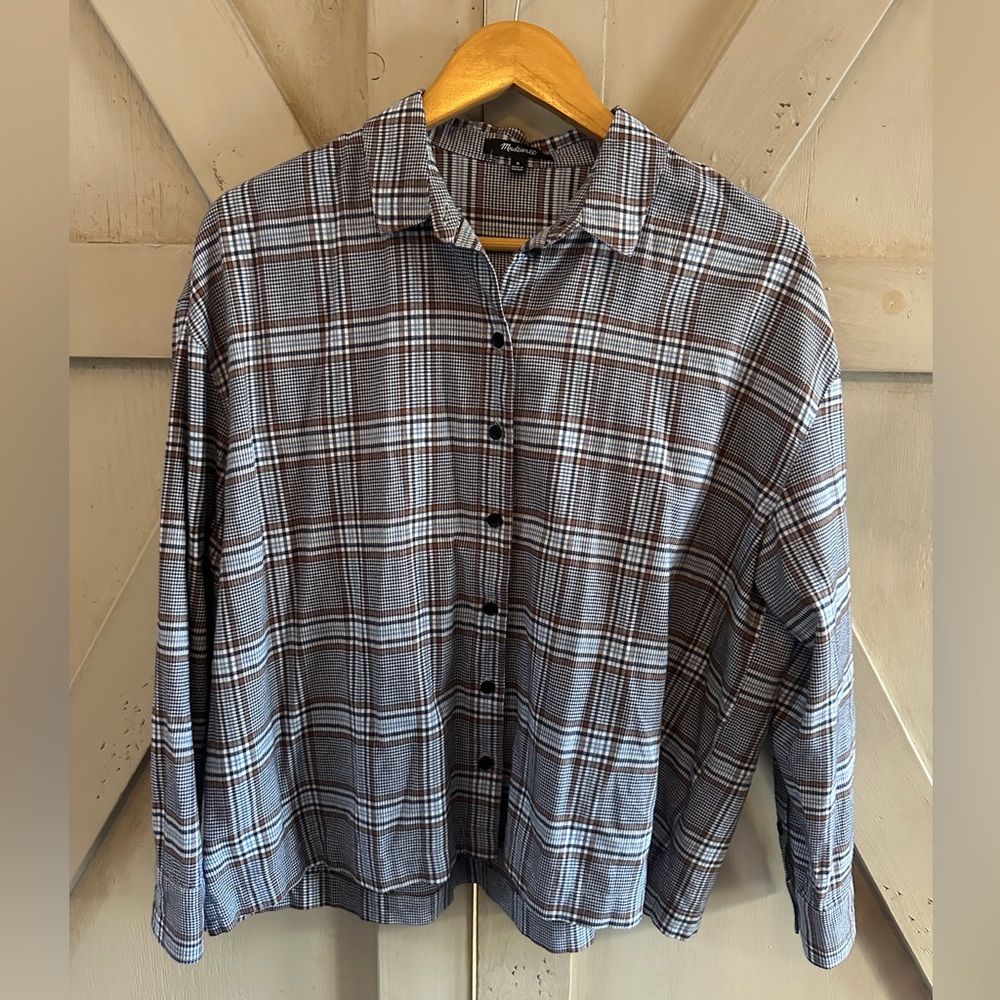 Madewell Plaid Button Front Shirt Women’s Medium Brown Blue Long Sleeve Cotton